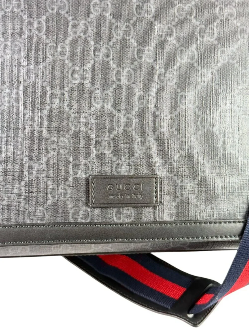GUCCI Gray Supreme Canvas Leather Trim GG Web Diaper Changing Bag Made in Italy